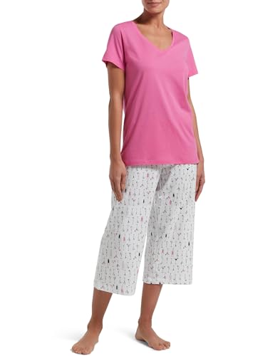 Image of HUE Women's Basic 2 Piece Pajama Set V-neck Tee and Printed Knit Capri Pant Made With Temperature Control Technology