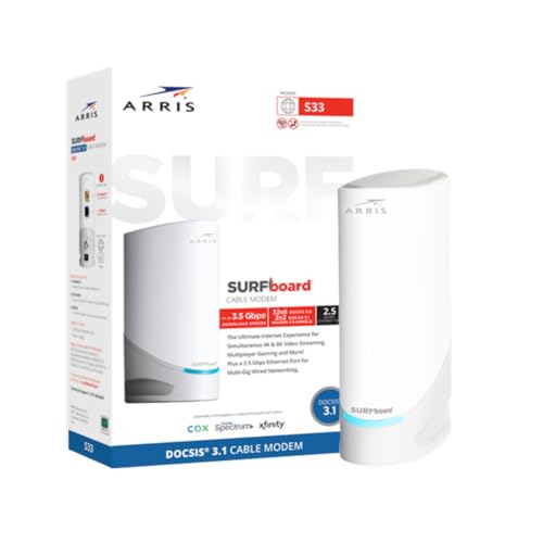 ARRIS SURFboard S33 DOCSIS 3.1 Multi‑Gig Cable Modem | 2.5Gbps + 1Gbps Ethernet Ports | Works with Xfinity, Cox, Spectrum | For Cable Internet Plans up to 2.5Gbps | Modem Only, Router Required