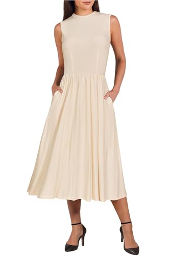 Image of Newshows Women 2025 Work Dress Sleeveless Crew Neck Office Business Casual Outfits Midi Elegant Dresses with Pockets
