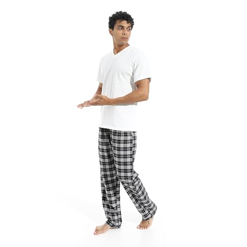 Half Sleeves T-shirt With Caro Sided Pockets Pants Pijama Set - Black & Off-White for Men
