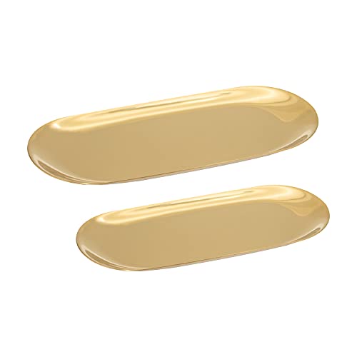 2PACK Gold Decorative Tray, Stainless Steel Jewellery Tray Towel/Dressing Tray Tray Tea Tray/Fruit Tray Cosmetic Jewellery Organiser, Gold, Oval, One Big and One Small