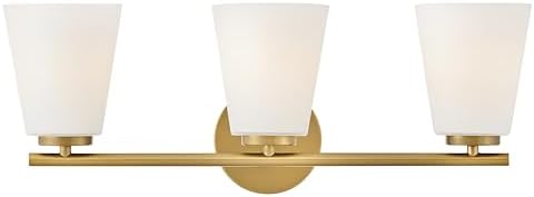 Lark Bri Medium Three Light Bath Vanity, Etched Opal Glass, Install Up/Down, Lacquered Brass Finish