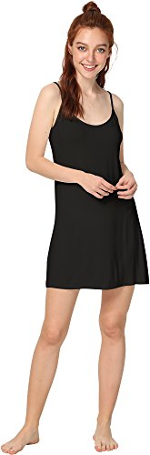 Gys Bamboo Full Slip For Women Under Dress Adjustable Spaghetti Strap Chemise Lingerie Cami Mini Dress, Black, Small #TOP1