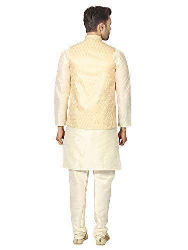 Image of Uri and MacKenzie Men's Silk Blend Regular Kurta Churidar Pyjama with Bundi Nehru Jacket /Waistcoat
