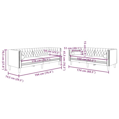 Mimdixy Sofa Wohnzimmer Relaxsofa,2-TLG. Chesterfield-Sofa-Set mit Nackenrollen Schwarz Samt – Bild 4
