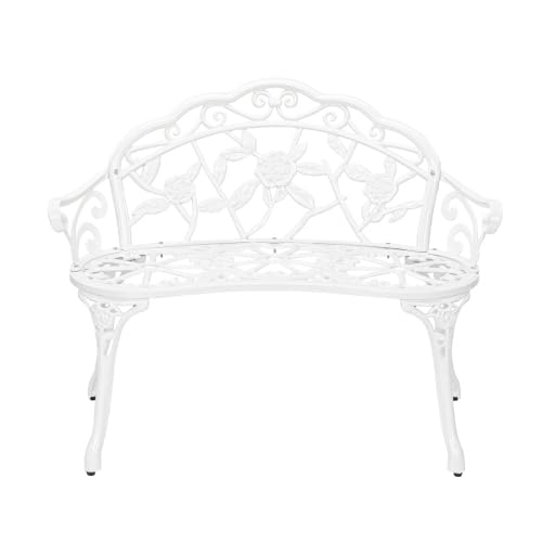 Bonnlo Banc Exterieur Jardin en Aluminium Moulé|Style Vintage avec Motif de Roses|Banquette,Bancs de Jardin Robuste pour Terrasse, Balcon et Patio| Blanc