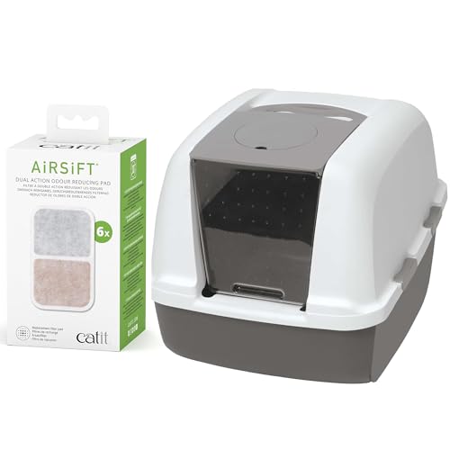 Bundle of Catit Jumbo Hooded Cat Litter Pan, Warm Gray + Catit Airsift Dual Action Air Purifier Pad, 6 Pack