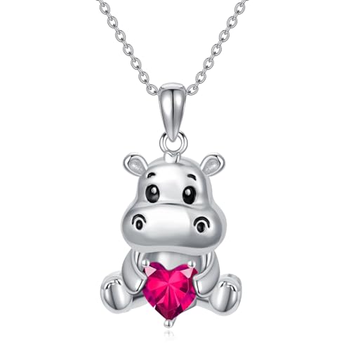 Image of PROESS Animal Birthstone Necklace 925 Sterling Silver Otter /Axolotl /Hippo /Elephant /Dachshund /Monkey /Red Panda Pendant Necklace Animal Birthstone Jewelry Gifts for Women