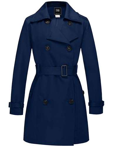 Wantdo Gabardina Impermeable con Doble Botonadura para Mujer Abrigo Ligero a Prueba de Viento Charreteras con Cinturón Chaqueta Ajustada Azul Marino S