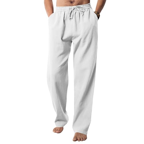 Men's Casual Linen Pants Elastic Waist Drawstring Beach Pants Lightweight Loose Fit Wide Leg Trousers with Pockets