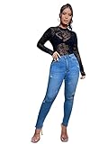 SweatyRocks Women's Mock Neck Leopard Long Sleeve Mesh Bodysuit Leotard Black Dragon M