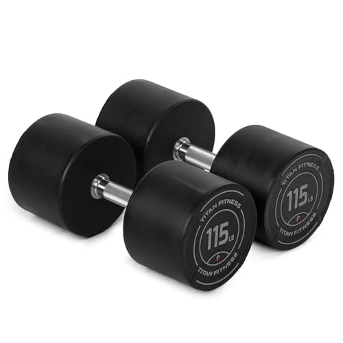 Titan Fitness 115 LB Set Round Urethane Dumbbells, Medium Volcano Knurling, 33mm Grip, Easy-to-Read Weight Indicators, Free Weights for Strength Training