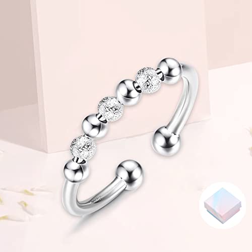 925 Sterling Silver Anxiety Ring Adjustable Fidget Ring Anti-Worry Ring Fidget Spinners Rings With Beads Kids' Play Rings For Women Men Girls #TOP6