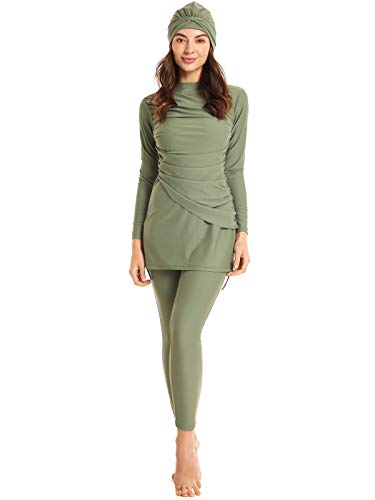 seafanny Womens 3 Pieces Muslim Swimwear Full Cover Hijab Burkini Modest Swimsuit Green