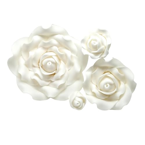 Rosas de azúcar, color blanco, flores de pasta de azúcar, decoración de pasteles, bodas, cumpleaños, 4 tamaños para elegir (1 1/2 pulgadas x 5)