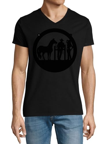 T-shirt col en V en coton pour homme noir motif cowboy