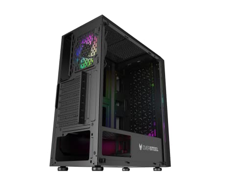 Oversteel - Iridium Gaming PC Gehäuse Kompatibel mit ATX, Micro ATX und ITX Boards, 120mm A-RGB Lüfter, Mesh Front, 2 Staubfilter, gehärtetes Seitenglas, USB 3.0, Schwarz