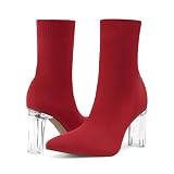 Shoe'N Tale Women's Knit Sock Ankle Boots Pointed Toe Clear Mid Heel Slip-on Stretch Booties Shoes(9.5,Red)