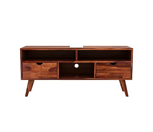Image of Sheesham Wood TV Unit with 2 Drawers and 3-Shelf Storage - Perfect for Living Room - Fits up to 50-Inch TV (Medora, Honey Finish)