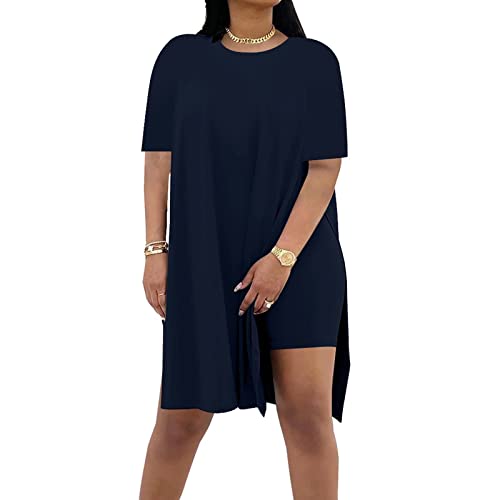 Image of AXOSY Women Plus Size 2 Piece Outfits | Short Sleeve Tunic Tops, Skinny Biker Shorts, Comfortable Tracksuits, Soft Summer Sets, Breathable Material