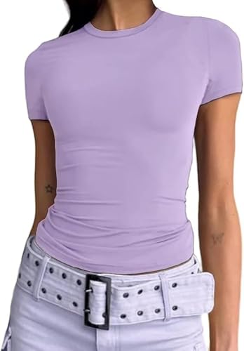 Damen T-Shirt Basic Kurzarm Crop Top Y2K Slim Fit Oberteile Casual Rundhals...
