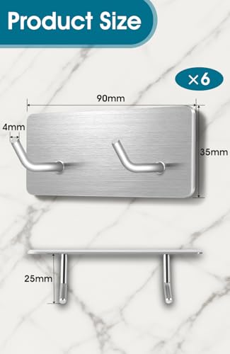 Pamofuper Haken Selbstklebend, 6 Stück Doppelhaken, Klebehaken 304 Edelstahl, Haken Ohne Bohren, Rostfrei, Handtuchhaken für Badezimmer, Küche und Wohnzimmer