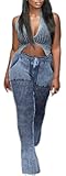 WEICHUJIAN Women's 2 Piece Sexy Knitted Low Neck Tank Top High Waist Long Flared Casual Pants Jumpsuit Club Set (blue, S), Small