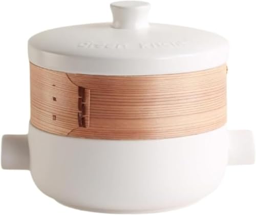 HeyDear セラミックタジン鍋 直火対応モロッコ料理用 多機能シチュースープポット 耐熱蓋付き 小型スープ鍋 ホワイト (A-蒸し器付き,ホワイト)