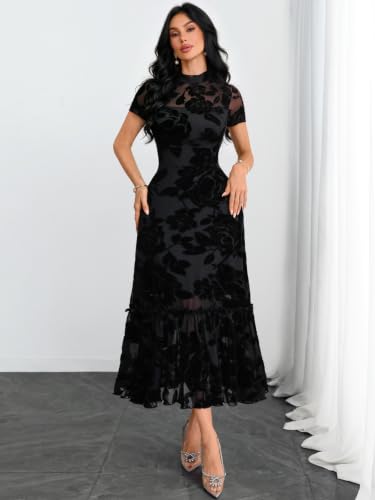 Image of GothDark Women's Summer Floral Mesh Ruffle Casual Maxi Wedding Guest Dress