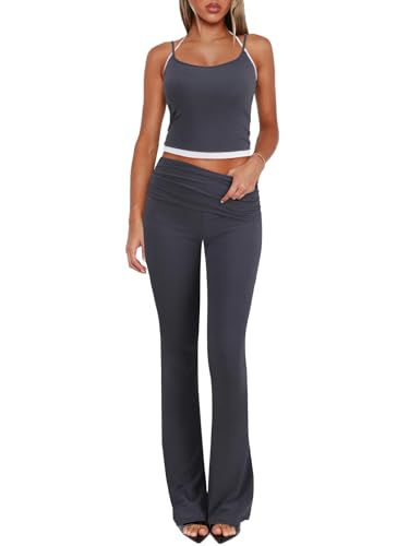 Image of Bellelily Women's 2 Piece Sets Casual Summer Outfits Spaghetti Strap Crop Tank Fold Over Yoga Flare Pants Comfy Loungewear