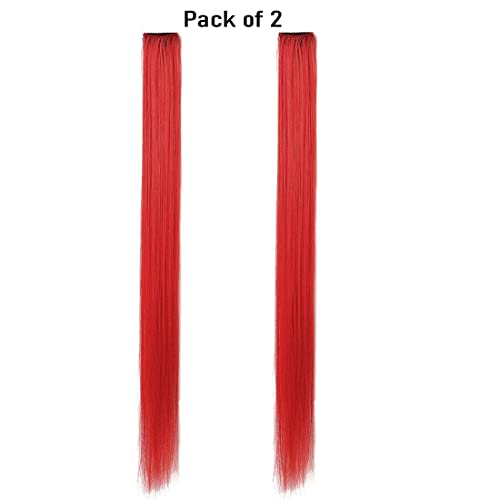 Image of Reusable Coloured Hair Streaks Extensions For Women Hair Coloured Hair Extension For Girls Set of 2 Pcs (Red)