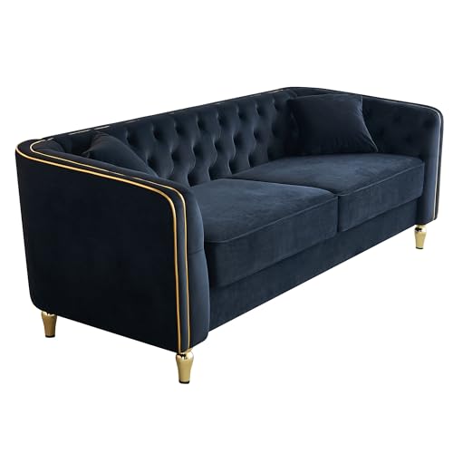 Image of KEIKI 87 inch Chesterfield Velvet Button Tufted Sofa with High Density Foam Cushions, Modern Style 3-Seater Couch with Gold Strip Trim Decoration, Easy Assembly, for Apartment, Living Room, Office, Black