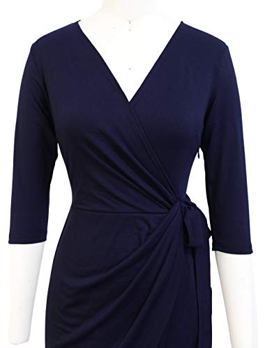 Berydress Women's Classic 3/4 Sleeve V Neck Sheath Casual Party Work Faux Black Wrap Dress