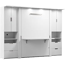 Bestar Lumina 107W Full Murphy Bed with Desk and 2 Storage Cabinets in White, Sleeping Arrangement with Drawers