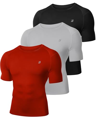 Roadbox 3 Pack Mens Compression Shirt Short Sleeve, Athletic Football Running Base Layer Cool Dry T Shirts for Sports Workout