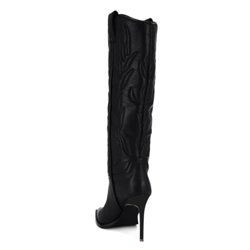 FOWT Women Pointed Toe Knee High Boots Embossing Stiletto High Heel Cowboy Boots Pull on Fashion Street Shoes Size 4-16 US2