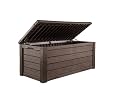 Keter Westwood 570L Storage Box, All-Weather Resin Deck Box and Stylish Outdoor Bench with Piston-Assisted Lockable Lid & Side Handles, Espresso Brown
