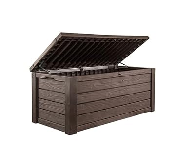 Keter Westwood 570L Storage Box, All-Weather Resin Deck Box and Stylish Outdoor Bench with Piston-Assisted Lockable Lid & Side Handles, Espresso Brown