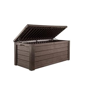 Keter Westwood 570L Storage Box, All-Weather Resin Deck Box and Stylish Outdoor Bench with Piston-Assisted Lockable Lid & Side Handles, Espresso Brown