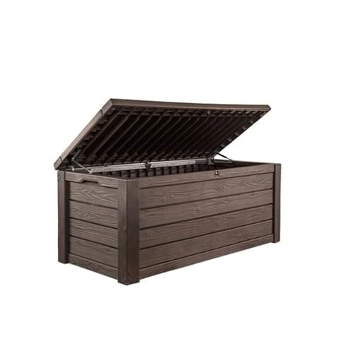 Keter Westwood 570L Storage Box, All-Weather Resin Deck Box and Stylish Outdoor Bench with Piston-Assisted Lockable Lid & Side Handles, Espresso Brown