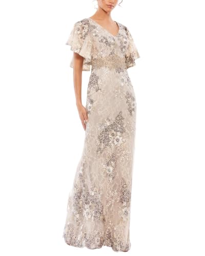 Floral Bell Sleeve Beige Gown by Mac Duggal