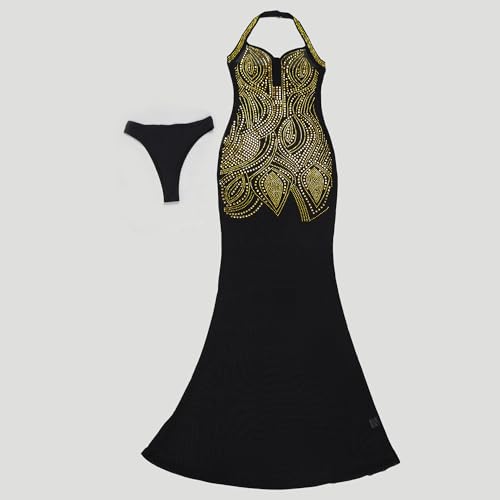 Image of Jigfar Women Sexy Elegant Rhinestone Mesh See Through Party Club Night Split Bodycon Formal Maxi Dress