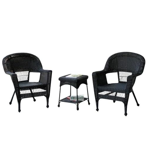 Jeco 3 Piece Wicker Chair and End Table Set without Cushion, Black