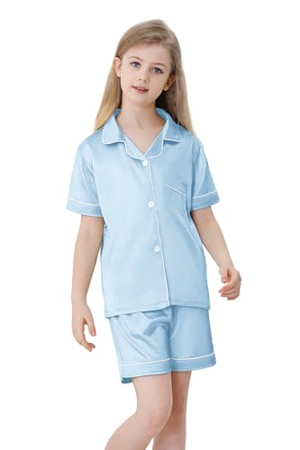 QZH.DUAO Girls Silk Pajamas Set Satin Button Down Sleepwear 2 Piece Pjs Nightwear Loungewear Gifts for Kids4