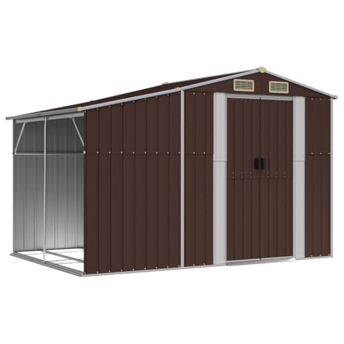 vidaXL Galvanised Steel Garden Shed with Sloping Roof – Brown, Outdoor Storage for Tools, Furniture and Equipment