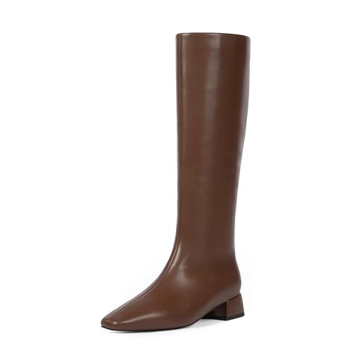 Modatope Brown Knee High Boots Women Square Toe Chunky Low