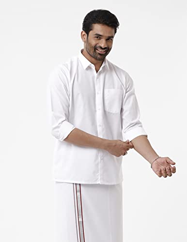 Image of RAMRAJ COTTON Men White Cotton Full Sleeve Collared Shirt