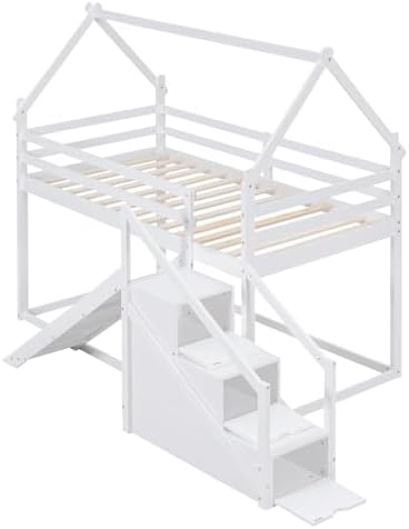 Harper & Bright Designs Twin Over Twin Bunk Bed with Slide and Staircase, House Bunk Bed for Kids, Wooden Twin Size Loft/Bunk Bed Frame with Storage for Kids Teens Boys Girls (White)