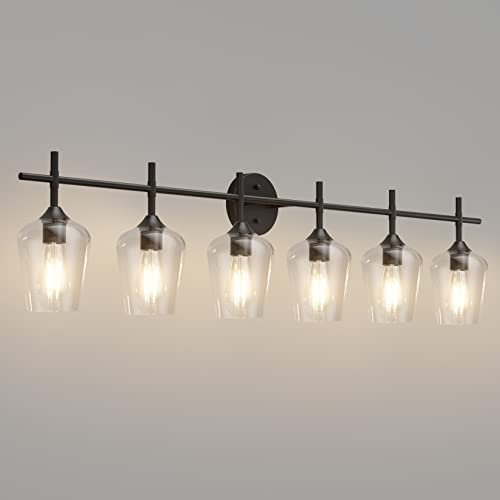 Ralbay Matte Black Bathroom Light fixtures 6-Lights Industrial Matte Black Finish with Clear Glass Vanity Lights Vintage Farmhouse Vanity Lighting for Bathroom by Ralbay - Used condition - US$69.95