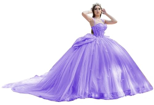 BESELE Spaghetti Straps Puffy Quinceanera Dress Lavender Prom Dress Big Puffy Dress for Sweet 16 Plus Size Ball Gown Princess Dress Elegant 24